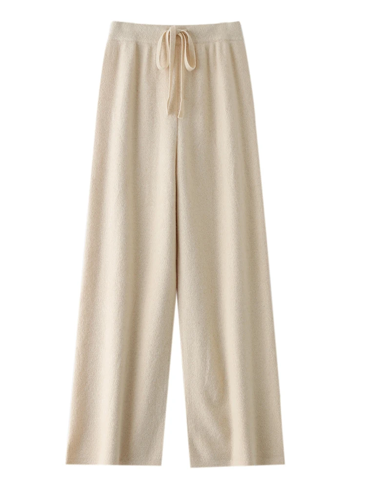 Women 100% Merino Wool Knitted Pants Elastic Waist Autumn Winter Wide Leg Trousers Casual Versatile Cashmere Korean Style Pants