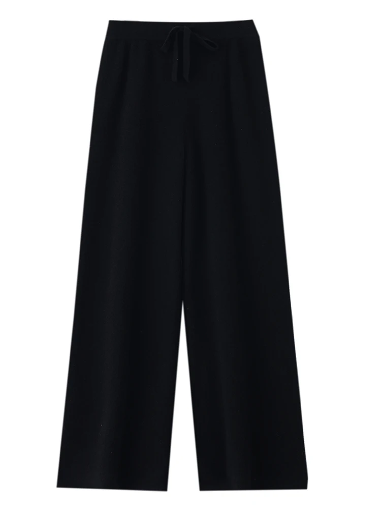 Women 100% Merino Wool Knitted Pants Elastic Waist Autumn Winter Wide Leg Trousers Casual Versatile Cashmere Korean Style Pants