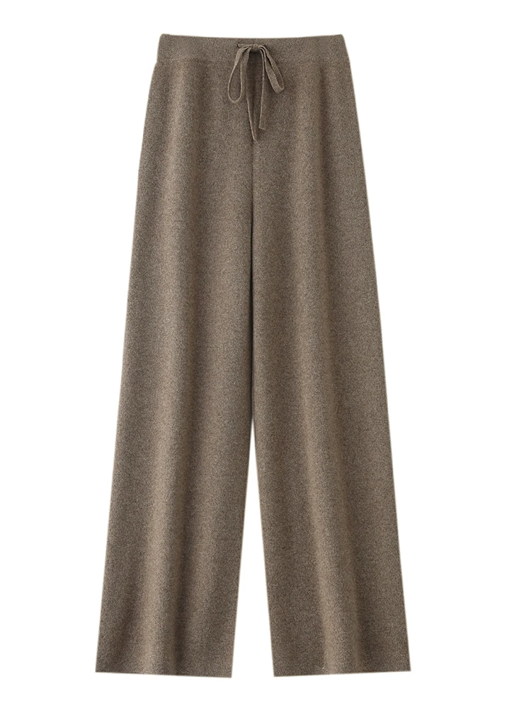 Women 100% Merino Wool Knitted Pants Elastic Waist Autumn Winter Wide Leg Trousers Casual Versatile Cashmere Korean Style Pants