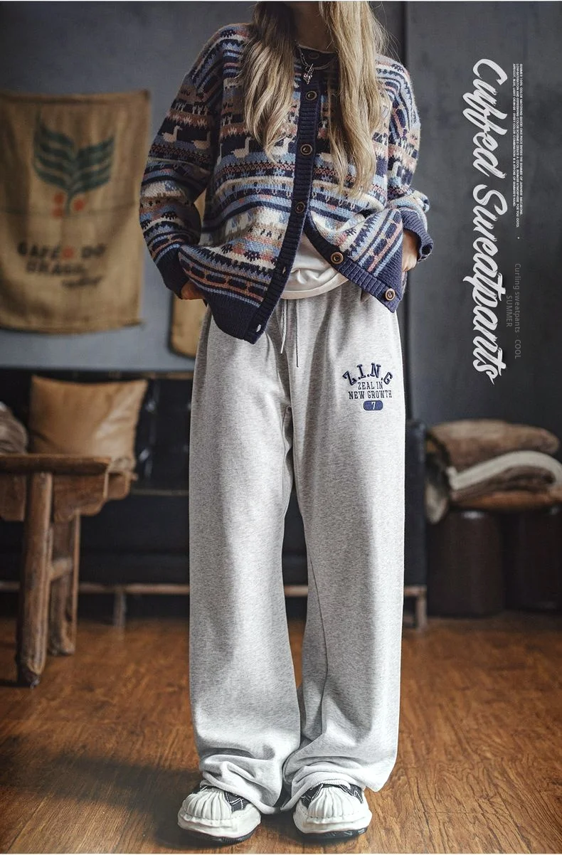 Maden Women’s Wide Leg Sweatpants Straight Fit Rolled Hem Elastic Waist Sports pants Casual Pants for Autumn and spring