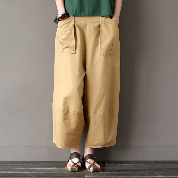 Johnature 2025 Wide Leg Loose Women Pants Big Pockets Cotton Linen Ankle-length Casual Loose Trouser