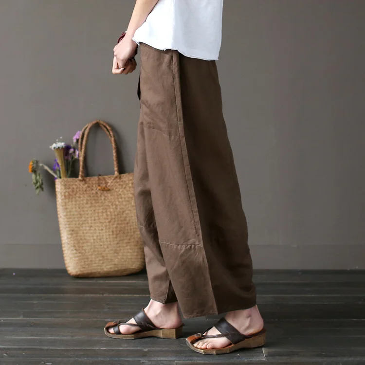 Johnature 2025 Wide Leg Loose Women Pants Big Pockets Cotton Linen Ankle-length Casual Loose Trouser