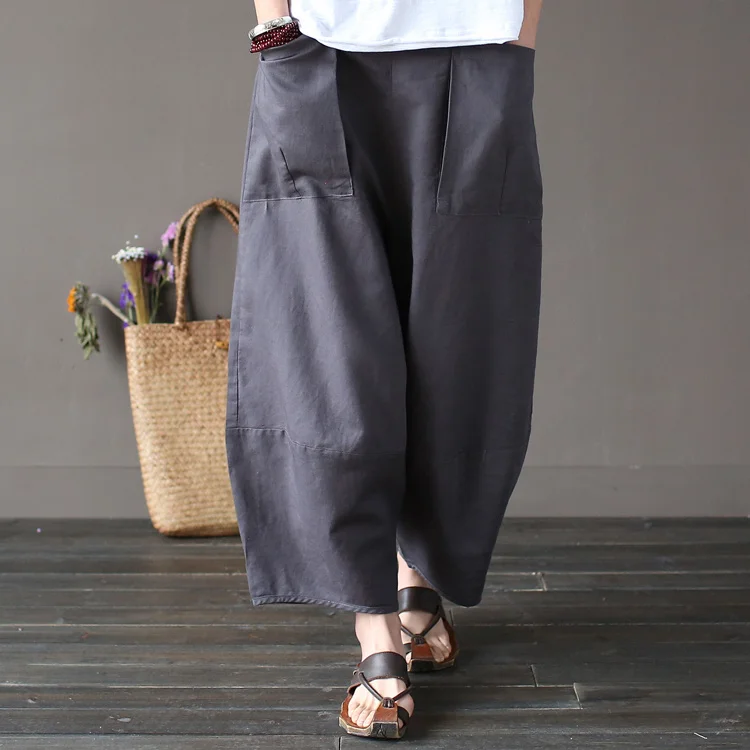 Johnature 2025 Wide Leg Loose Women Pants Big Pockets Cotton Linen Ankle-length Casual Loose Trouser