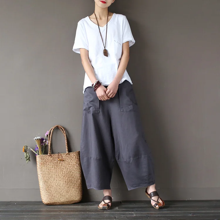 Johnature 2025 Wide Leg Loose Women Pants Big Pockets Cotton Linen Ankle-length Casual Loose Trouser