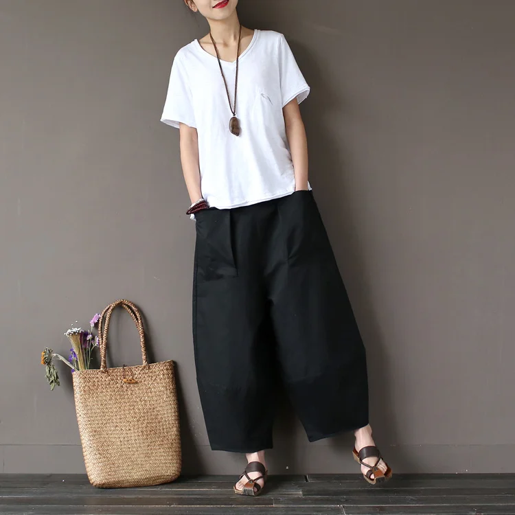 Johnature 2025 Wide Leg Loose Women Pants Big Pockets Cotton Linen Ankle-length Casual Loose Trouser
