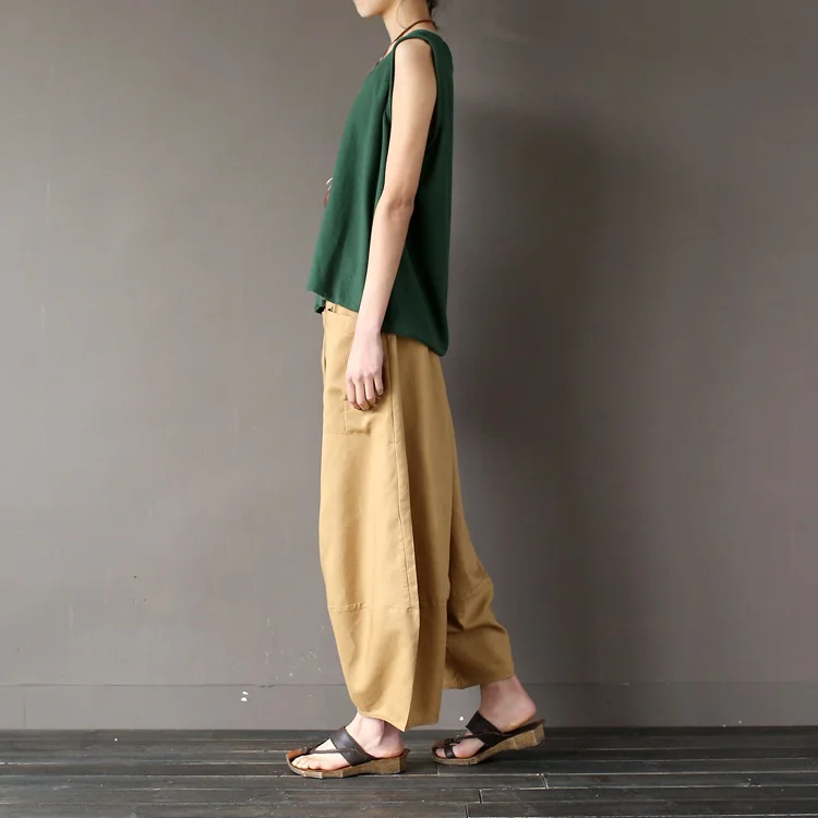 Johnature 2025 Wide Leg Loose Women Pants Big Pockets Cotton Linen Ankle-length Casual Loose Trouser