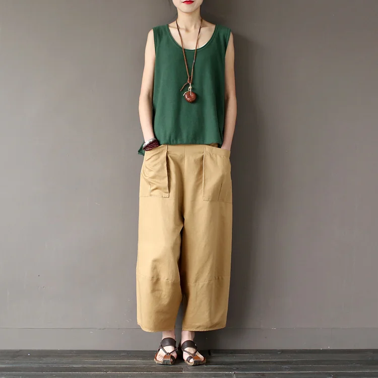 Johnature 2025 Wide Leg Loose Women Pants Big Pockets Cotton Linen Ankle-length Casual Loose Trouser