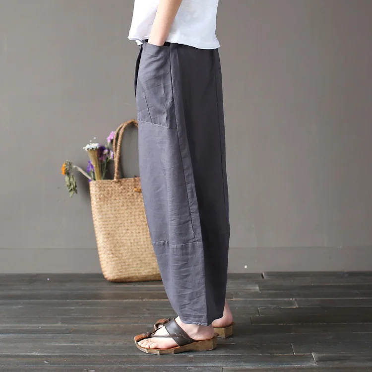 Johnature 2025 Wide Leg Loose Women Pants Big Pockets Cotton Linen Ankle-length Casual Loose Trouser
