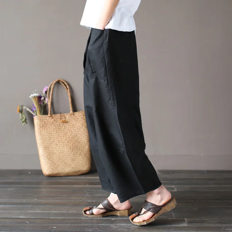 Johnature 2025 Wide Leg Loose Women Pants Big Pockets Cotton Linen Ankle-length Casual Loose Trouser