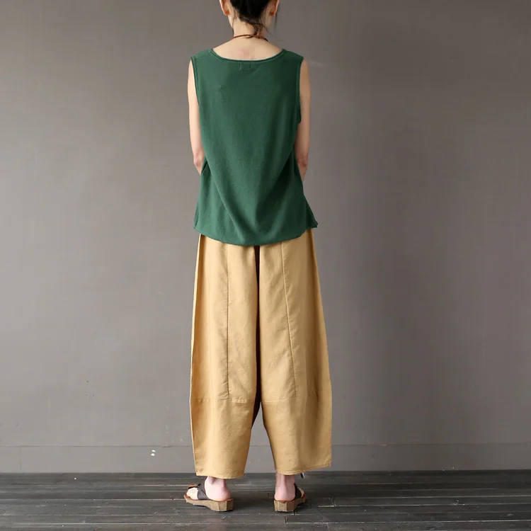 Johnature 2025 Wide Leg Loose Women Pants Big Pockets Cotton Linen Ankle-length Casual Loose Trouser