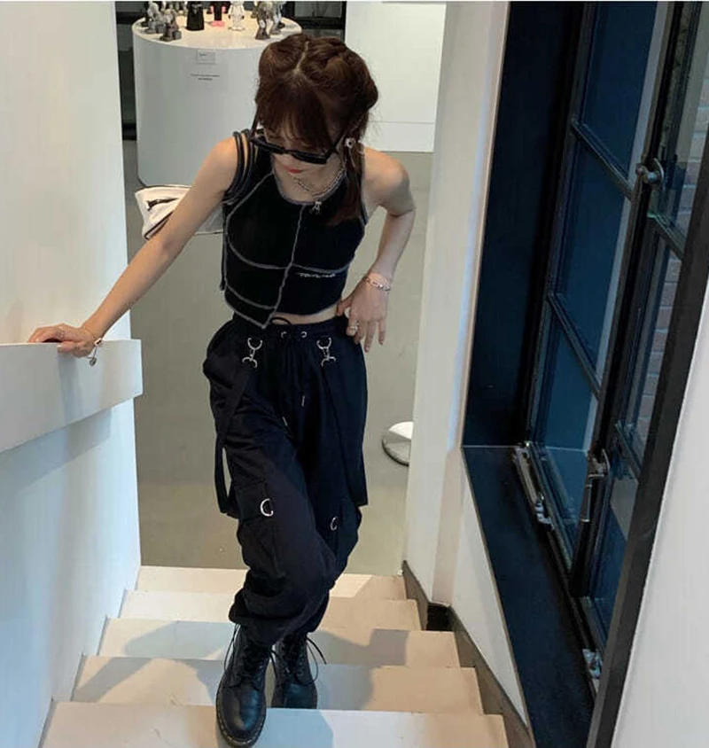 Gothic Cargo Pants Women Harajuku Black Korean High Waist Bf Hip Hop Streetwear Wide Leg Pants Loose Straight Jogging Trousers