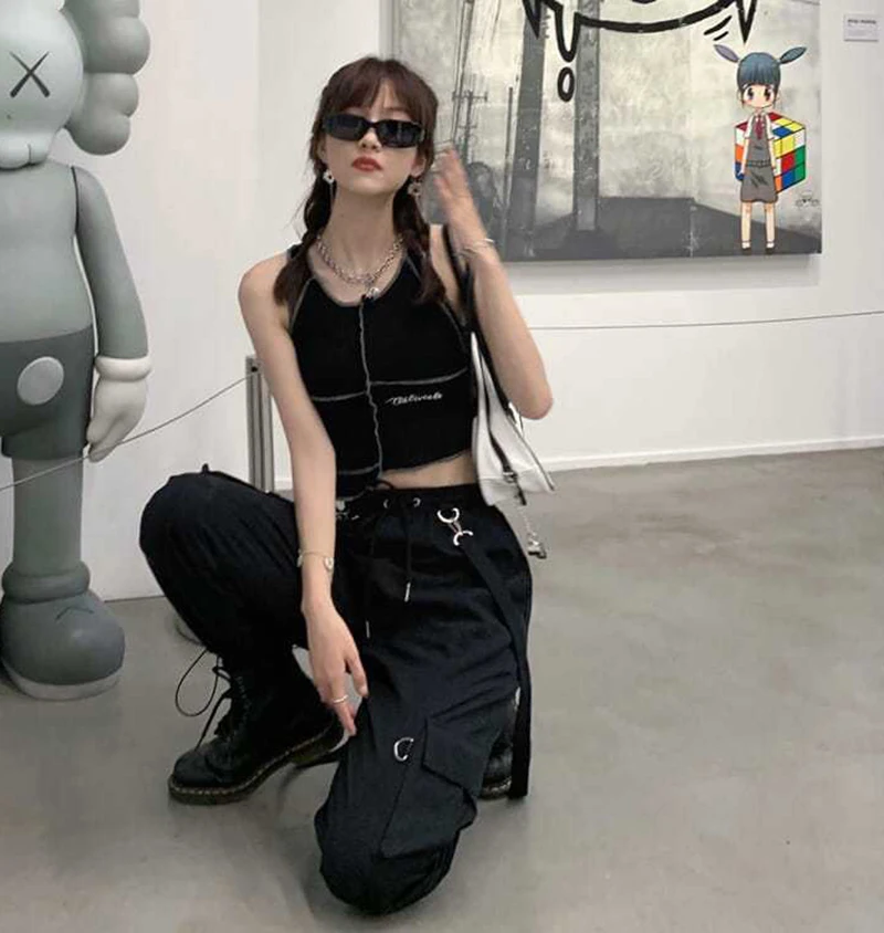 Gothic Cargo Pants Women Harajuku Black Korean High Waist Bf Hip Hop Streetwear Wide Leg Pants Loose Straight Jogging Trousers