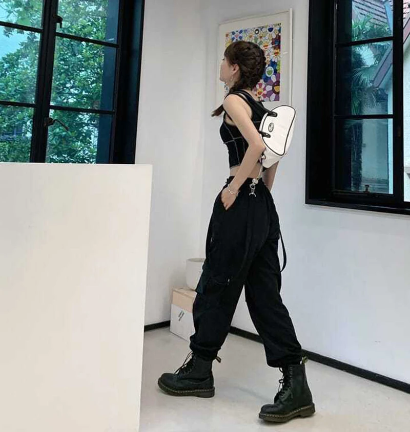Gothic Cargo Pants Women Harajuku Black Korean High Waist Bf Hip Hop Streetwear Wide Leg Pants Loose Straight Jogging Trousers