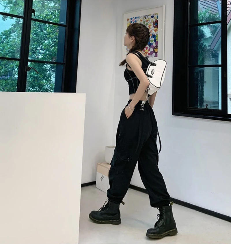 Gothic Cargo Pants Women Harajuku Black Korean High Waist Bf Hip Hop Streetwear Wide Leg Pants Loose Straight Jogging Trousers