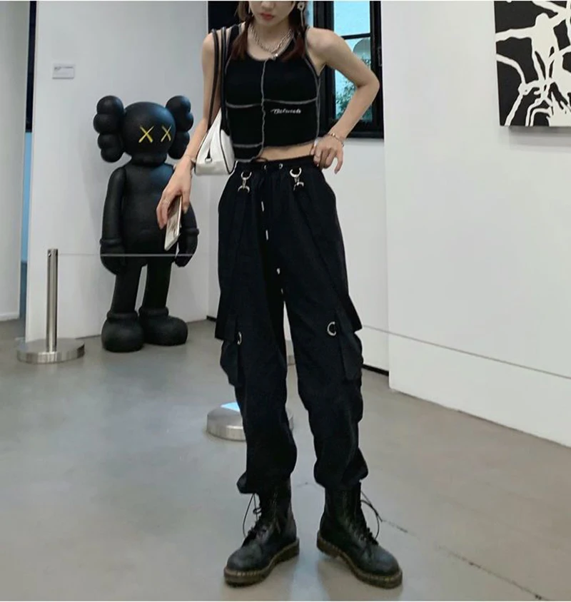 Gothic Cargo Pants Women Harajuku Black Korean High Waist Bf Hip Hop Streetwear Wide Leg Pants Loose Straight Jogging Trousers