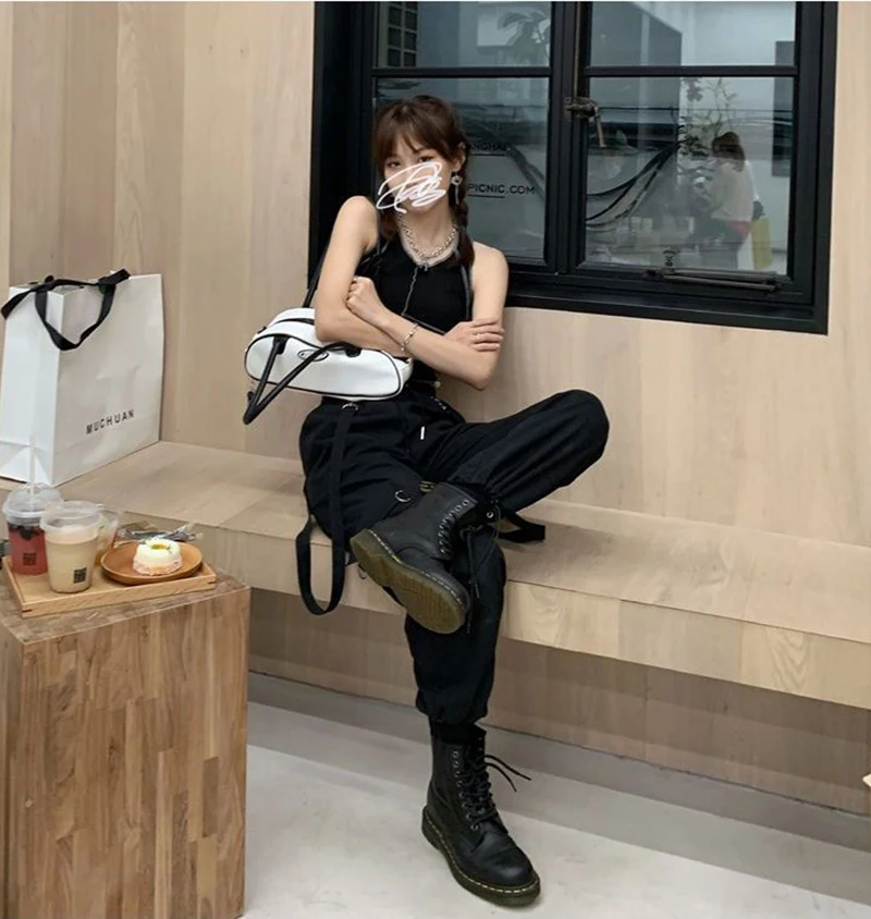 Gothic Cargo Pants Women Harajuku Black Korean High Waist Bf Hip Hop Streetwear Wide Leg Pants Loose Straight Jogging Trousers