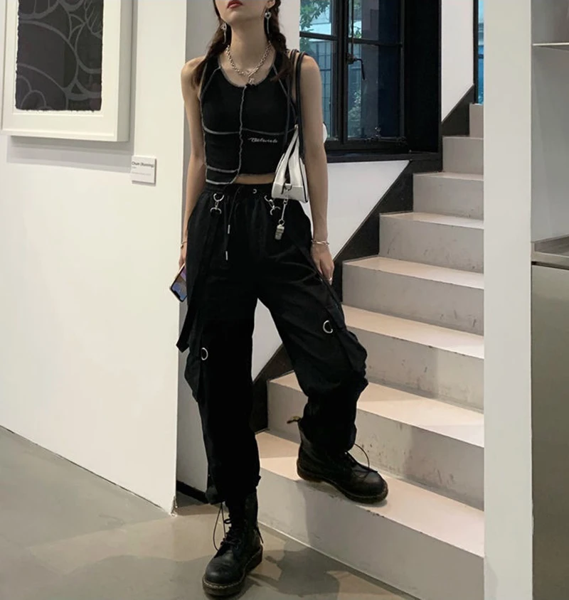 Gothic Cargo Pants Women Harajuku Black Korean High Waist Bf Hip Hop Streetwear Wide Leg Pants Loose Straight Jogging Trousers