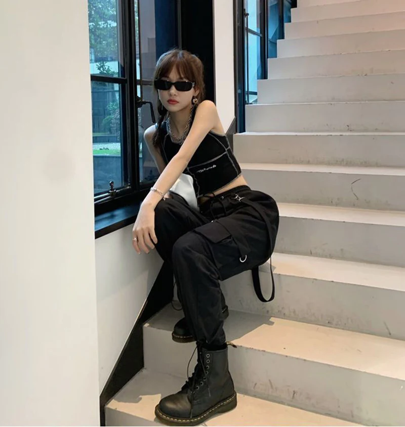 Gothic Cargo Pants Women Harajuku Black Korean High Waist Bf Hip Hop Streetwear Wide Leg Pants Loose Straight Jogging Trousers