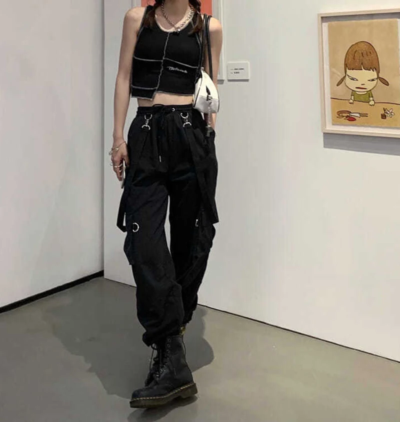Gothic Cargo Pants Women Harajuku Black Korean High Waist Bf Hip Hop Streetwear Wide Leg Pants Loose Straight Jogging Trousers