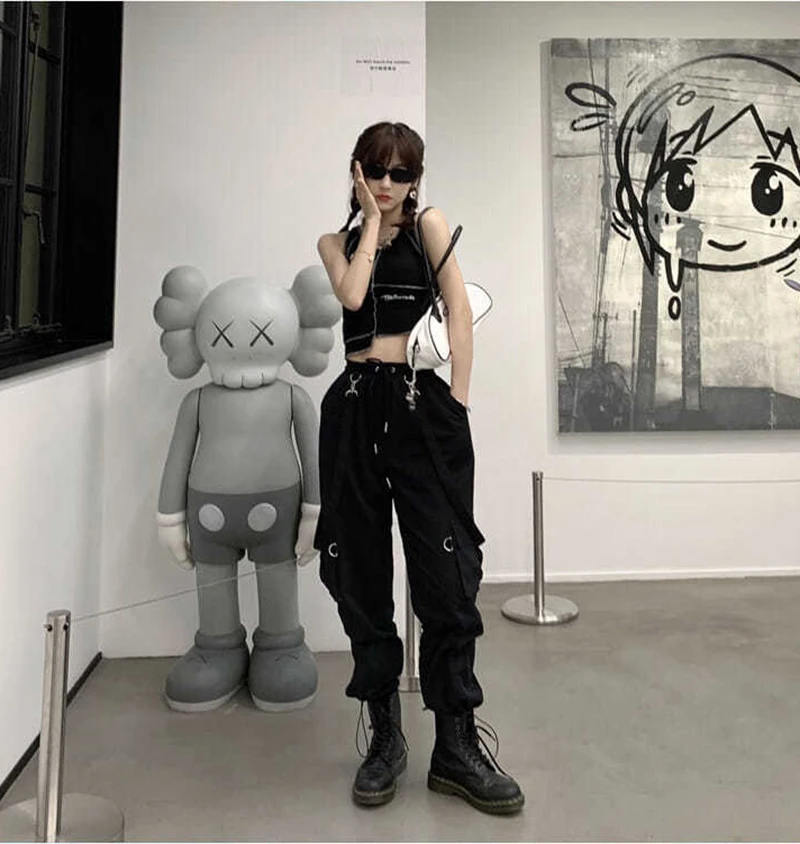 Gothic Cargo Pants Women Harajuku Black Korean High Waist Bf Hip Hop Streetwear Wide Leg Pants Loose Straight Jogging Trousers