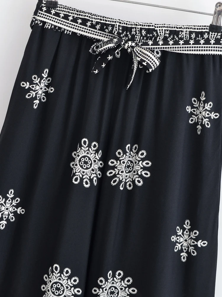 Vintage Chic Women Purple Floral Bohemian Wide Leg Pants with Pockets Lady Elastic Waist Loose Vacation Boho Pant Trousers