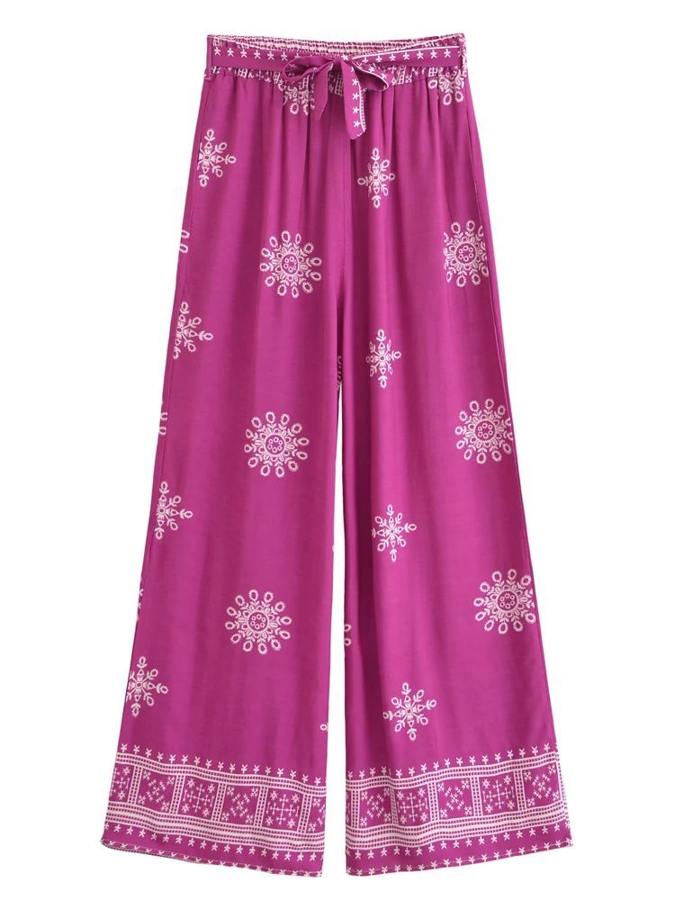 Vintage Chic Women Purple Floral Bohemian Wide Leg Pants with Pockets Lady Elastic Waist Loose Vacation Boho Pant Trousers