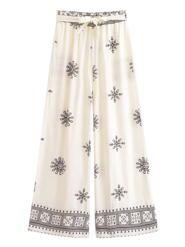 Vintage Chic Women Purple Floral Bohemian Wide Leg Pants with Pockets Lady Elastic Waist Loose Vacation Boho Pant Trousers