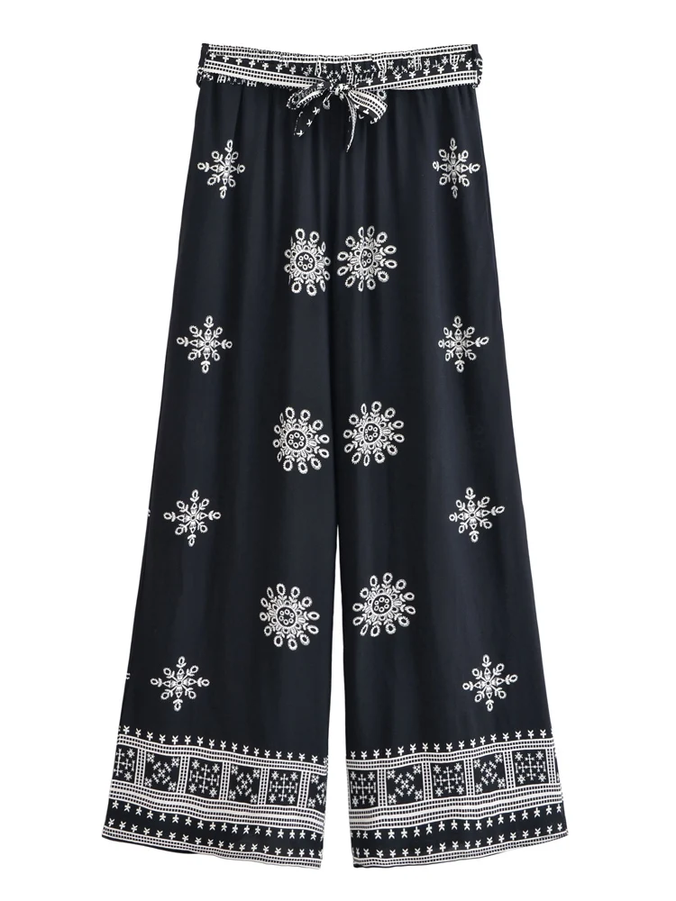 Vintage Chic Women Purple Floral Bohemian Wide Leg Pants with Pockets Lady Elastic Waist Loose Vacation Boho Pant Trousers