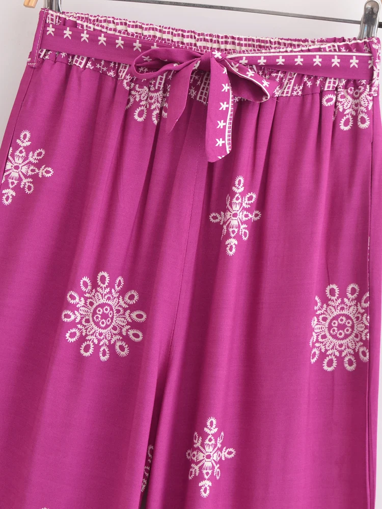 Vintage Chic Women Purple Floral Bohemian Wide Leg Pants with Pockets Lady Elastic Waist Loose Vacation Boho Pant Trousers
