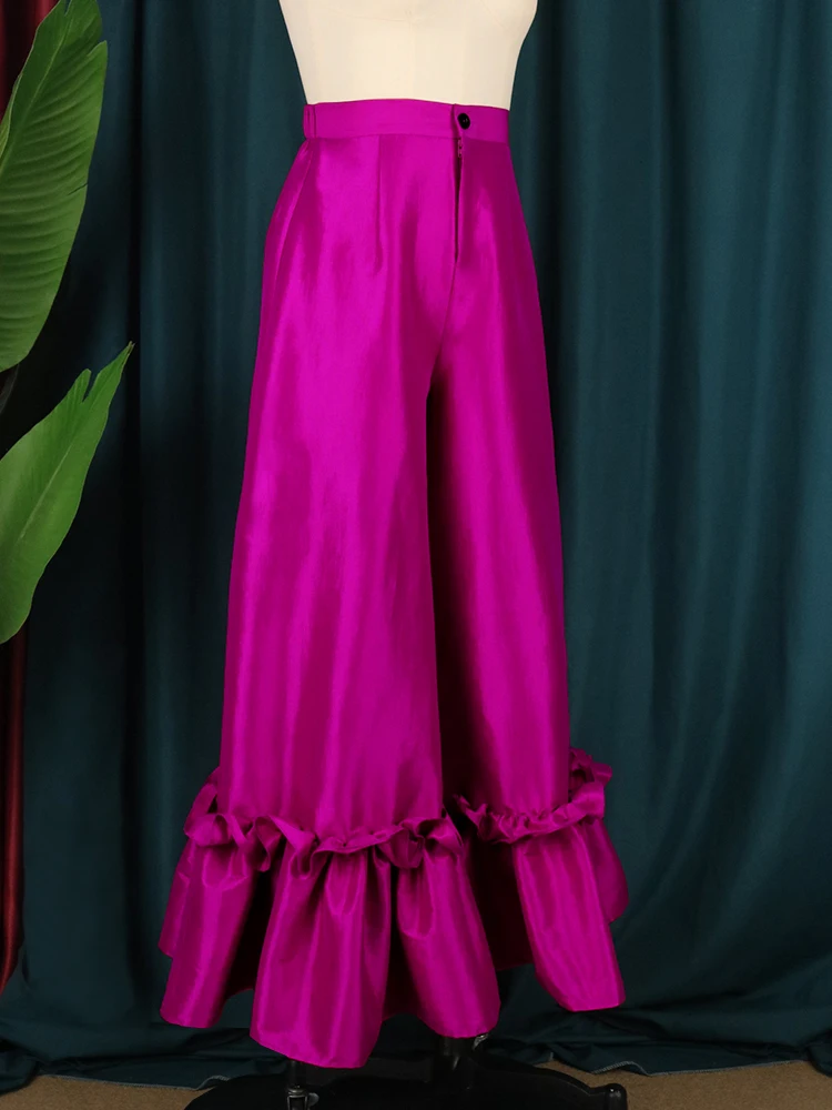 Fuchsia High Waist Pants Shiny Flare Pleated Wide Leg Trendy Long Capris Women Cocktail Party Bottoms Trim Trousers Large Size