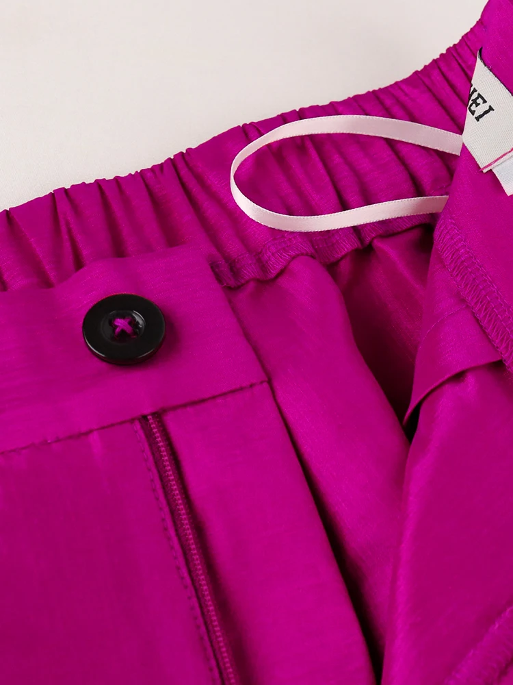 Fuchsia High Waist Pants Shiny Flare Pleated Wide Leg Trendy Long Capris Women Cocktail Party Bottoms Trim Trousers Large Size
