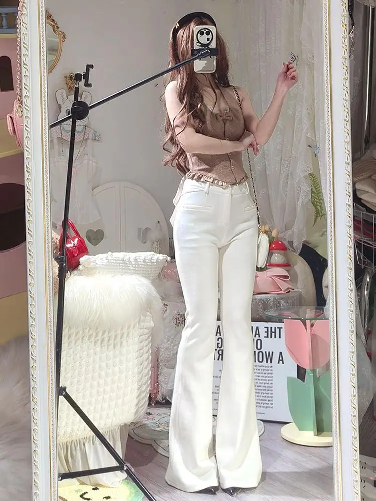 2025 Bow Detail Flare Jeans Women Sexy Retro High Waist Bootcut Pants Slim Fit White Denim Trousers for Girls Korean Y2k Clothes