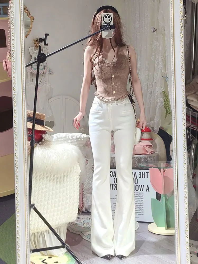 2025 Bow Detail Flare Jeans Women Sexy Retro High Waist Bootcut Pants Slim Fit White Denim Trousers for Girls Korean Y2k Clothes