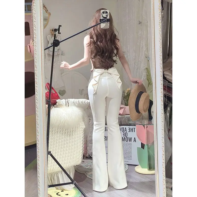 2025 Bow Detail Flare Jeans Women Sexy Retro High Waist Bootcut Pants Slim Fit White Denim Trousers for Girls Korean Y2k Clothes