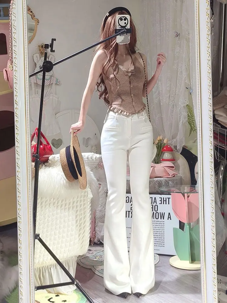 2025 Bow Detail Flare Jeans Women Sexy Retro High Waist Bootcut Pants Slim Fit White Denim Trousers for Girls Korean Y2k Clothes