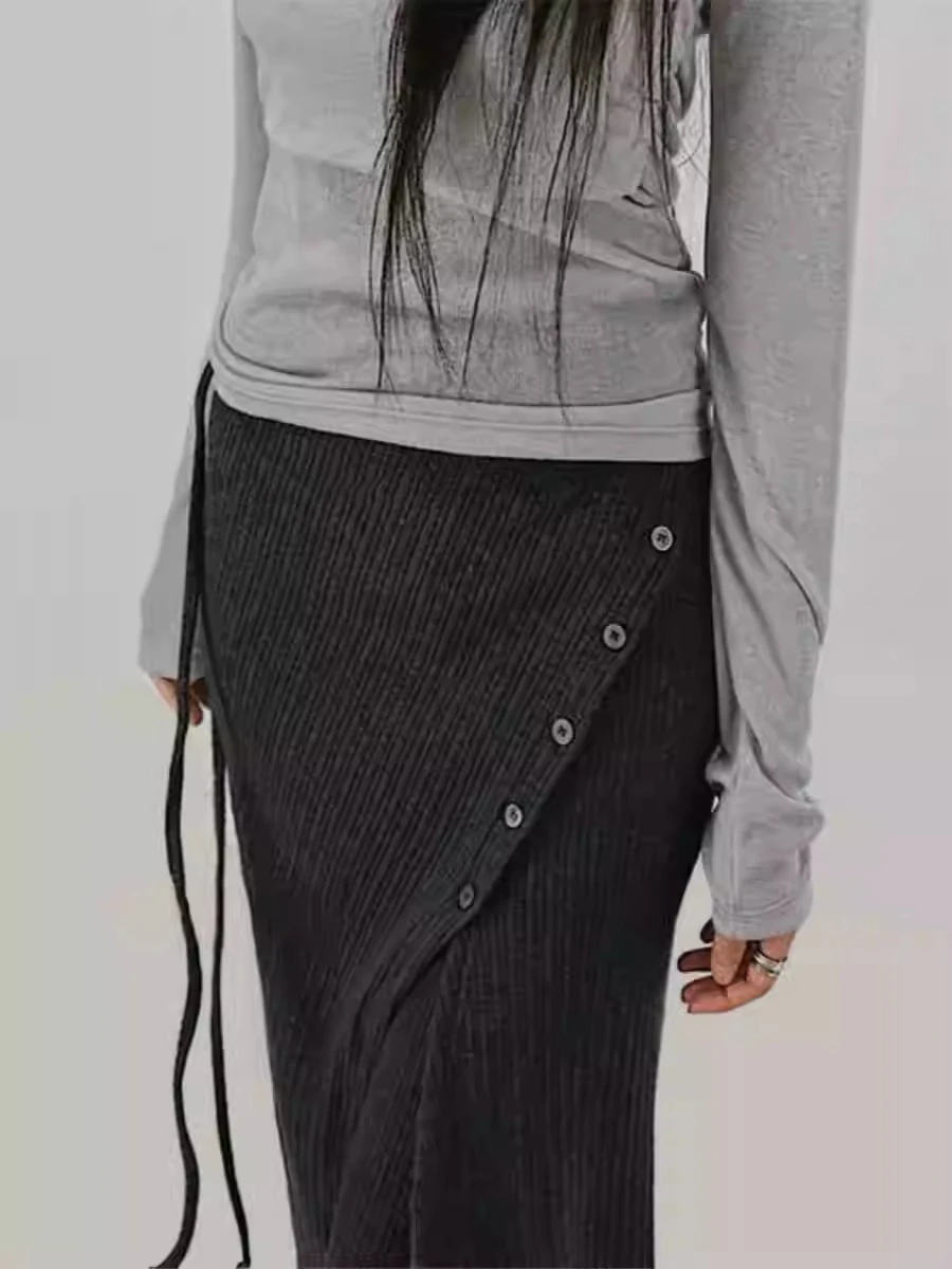2025 Bottoms Women Fashion Street Design Thread Knitted Casual Buckle Split Tie Half body Skirt Pants Two Piece Set Y2k Pants