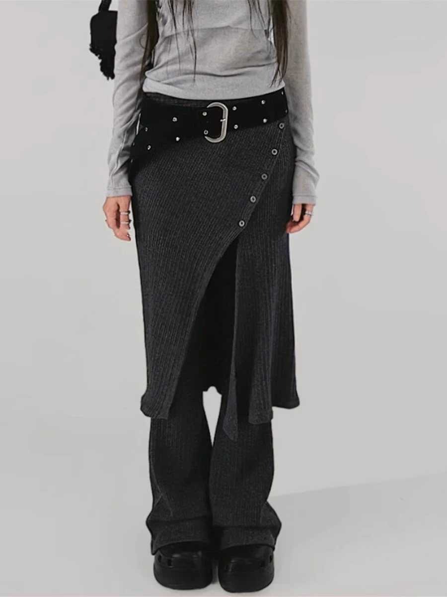 2025 Bottoms Women Fashion Street Design Thread Knitted Casual Buckle Split Tie Half body Skirt Pants Two Piece Set Y2k Pants