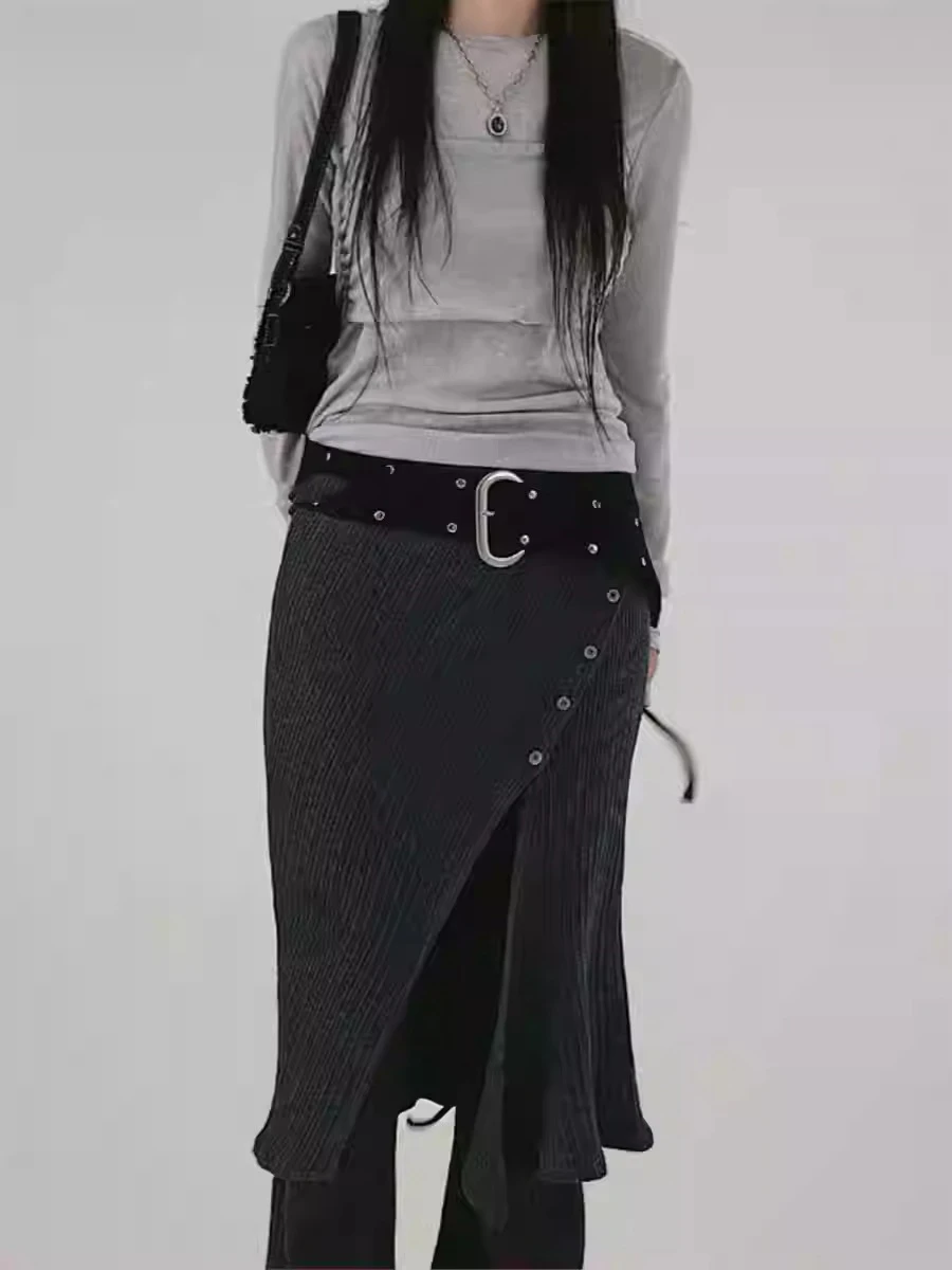 2025 Bottoms Women Fashion Street Design Thread Knitted Casual Buckle Split Tie Half body Skirt Pants Two Piece Set Y2k Pants