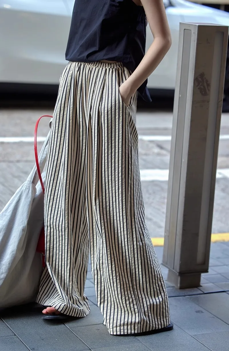 2025 Autumn New Cross border Women's Fashion Loose Striped Drawstring Elastic Waist and Floor Pants from Europe and America