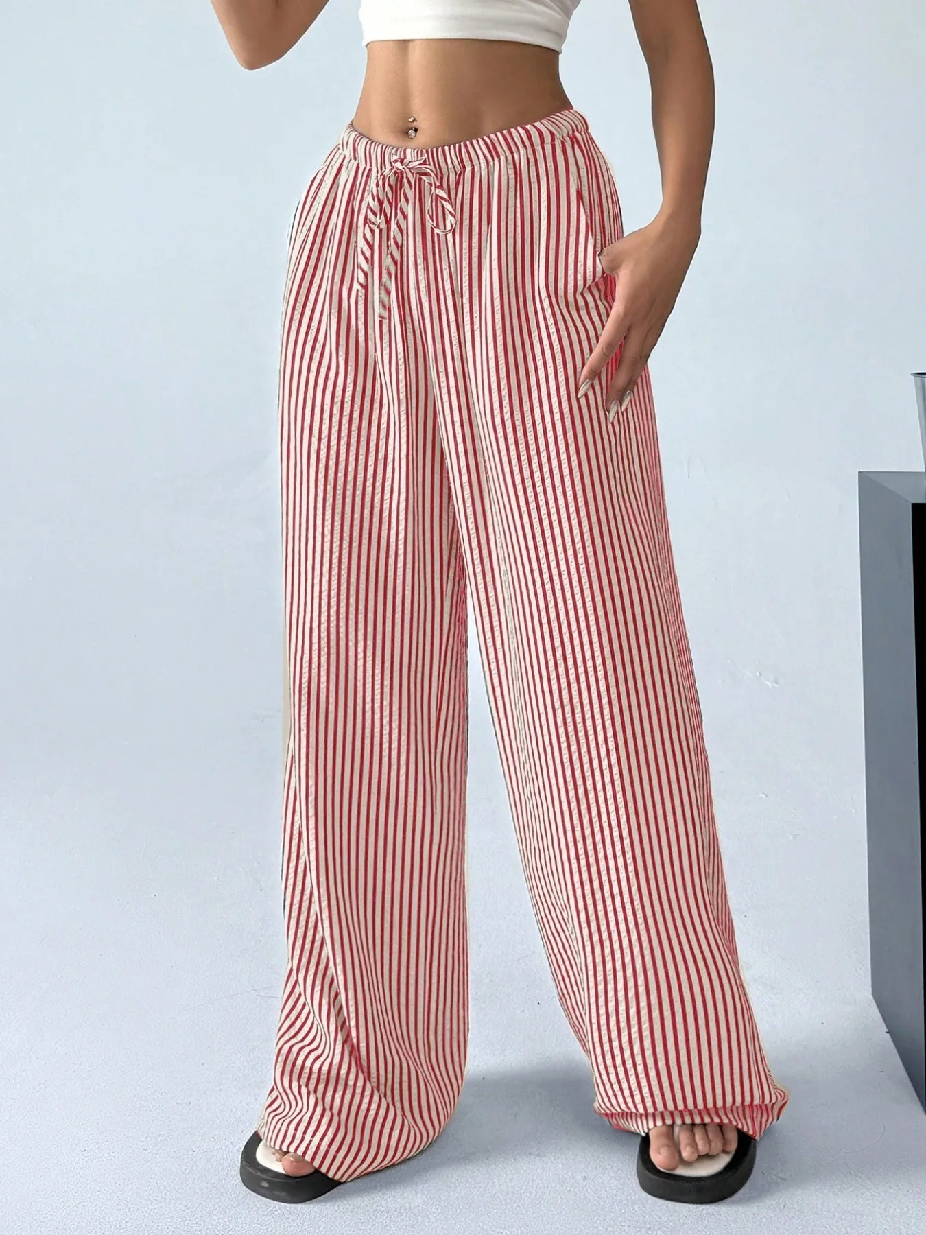 2025 Autumn New Cross border Women's Fashion Loose Striped Drawstring Elastic Waist and Floor Pants from Europe and America