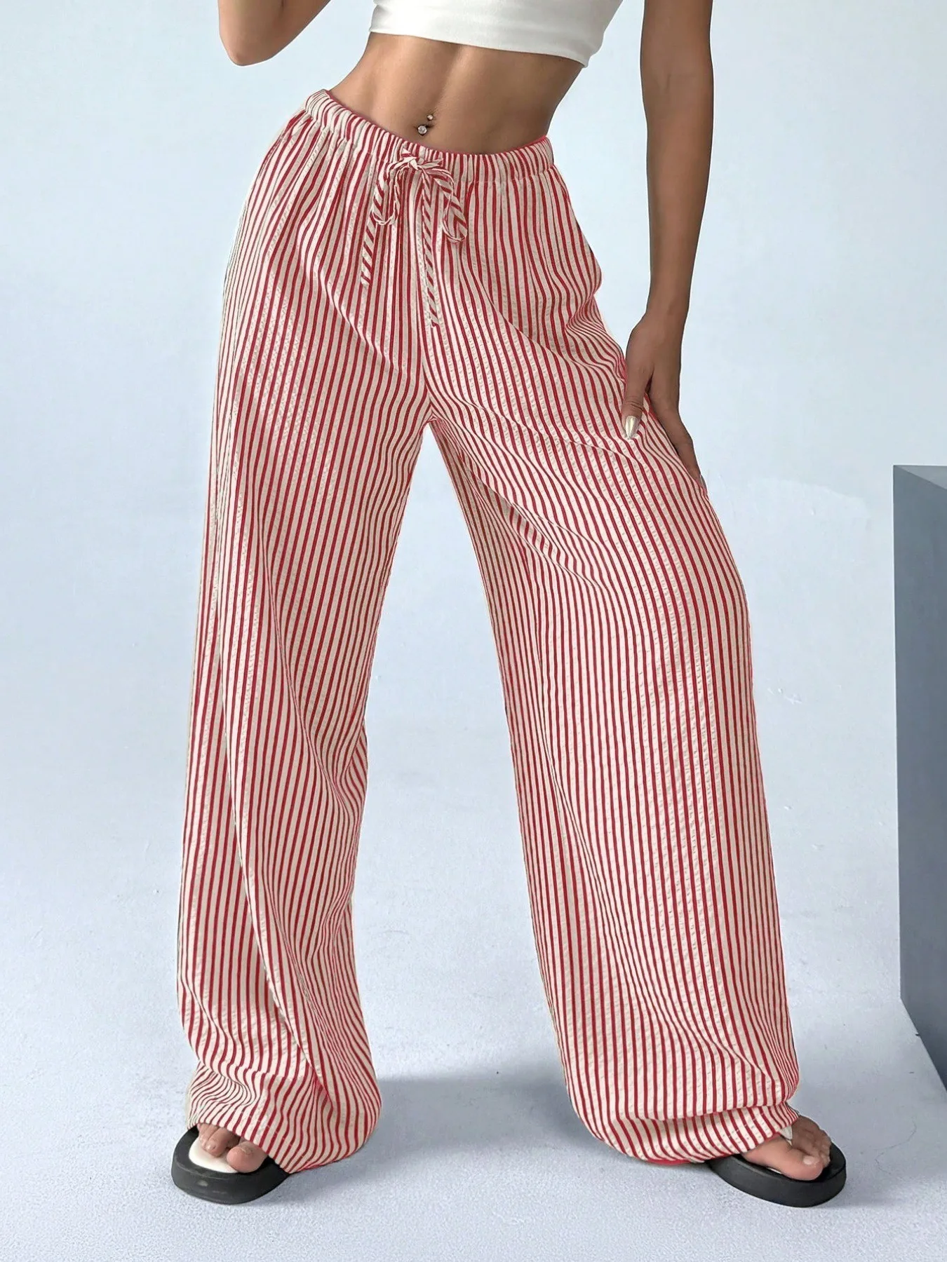 2025 Autumn New Cross border Women's Fashion Loose Striped Drawstring Elastic Waist and Floor Pants from Europe and America