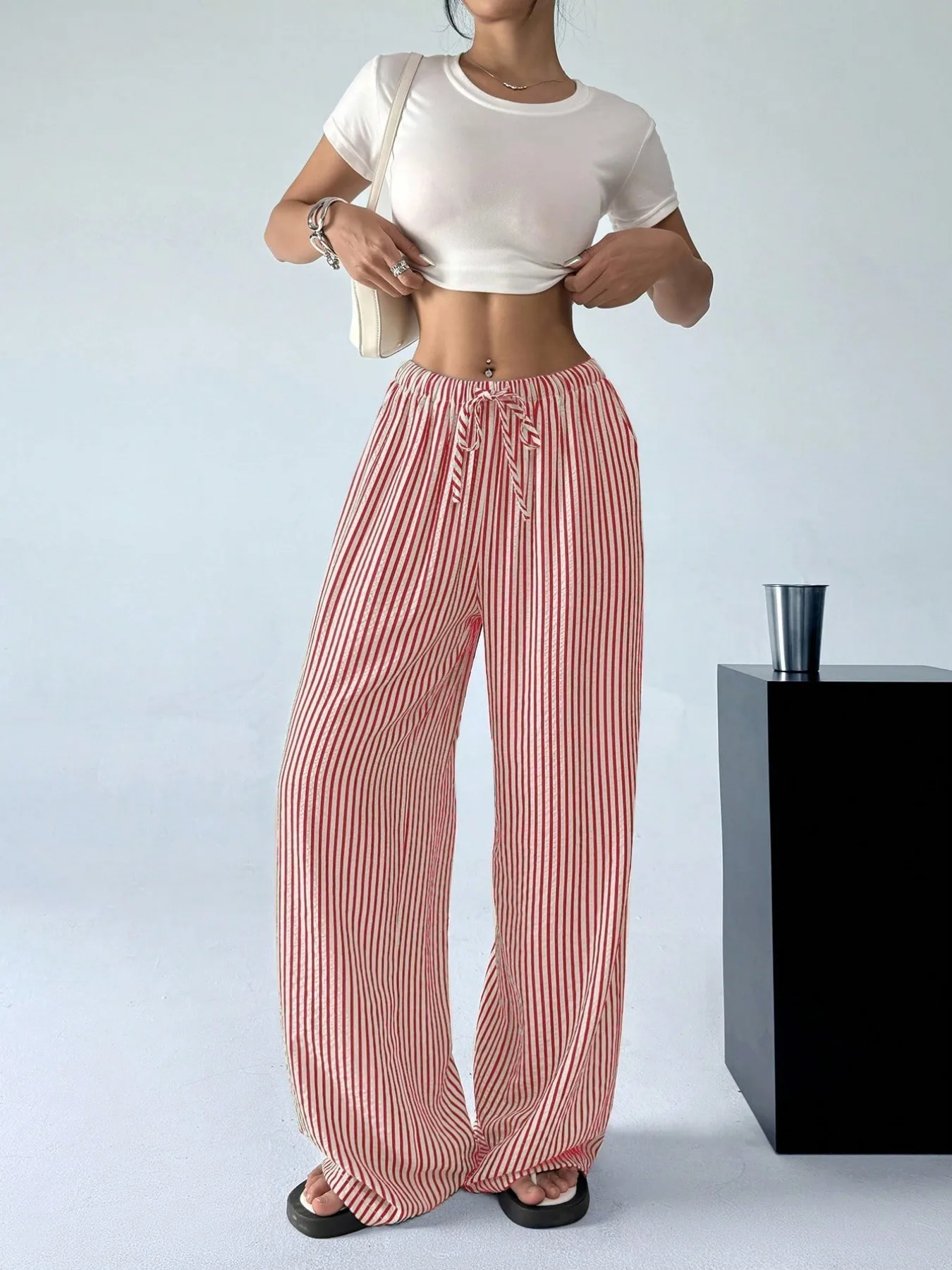 2025 Autumn New Cross border Women's Fashion Loose Striped Drawstring Elastic Waist and Floor Pants from Europe and America