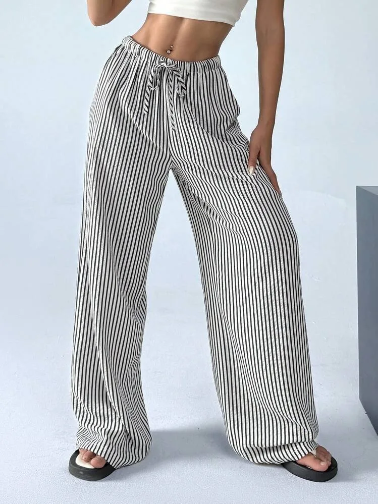 2025 Autumn New Cross border Women's Fashion Loose Striped Drawstring Elastic Waist and Floor Pants from Europe and America