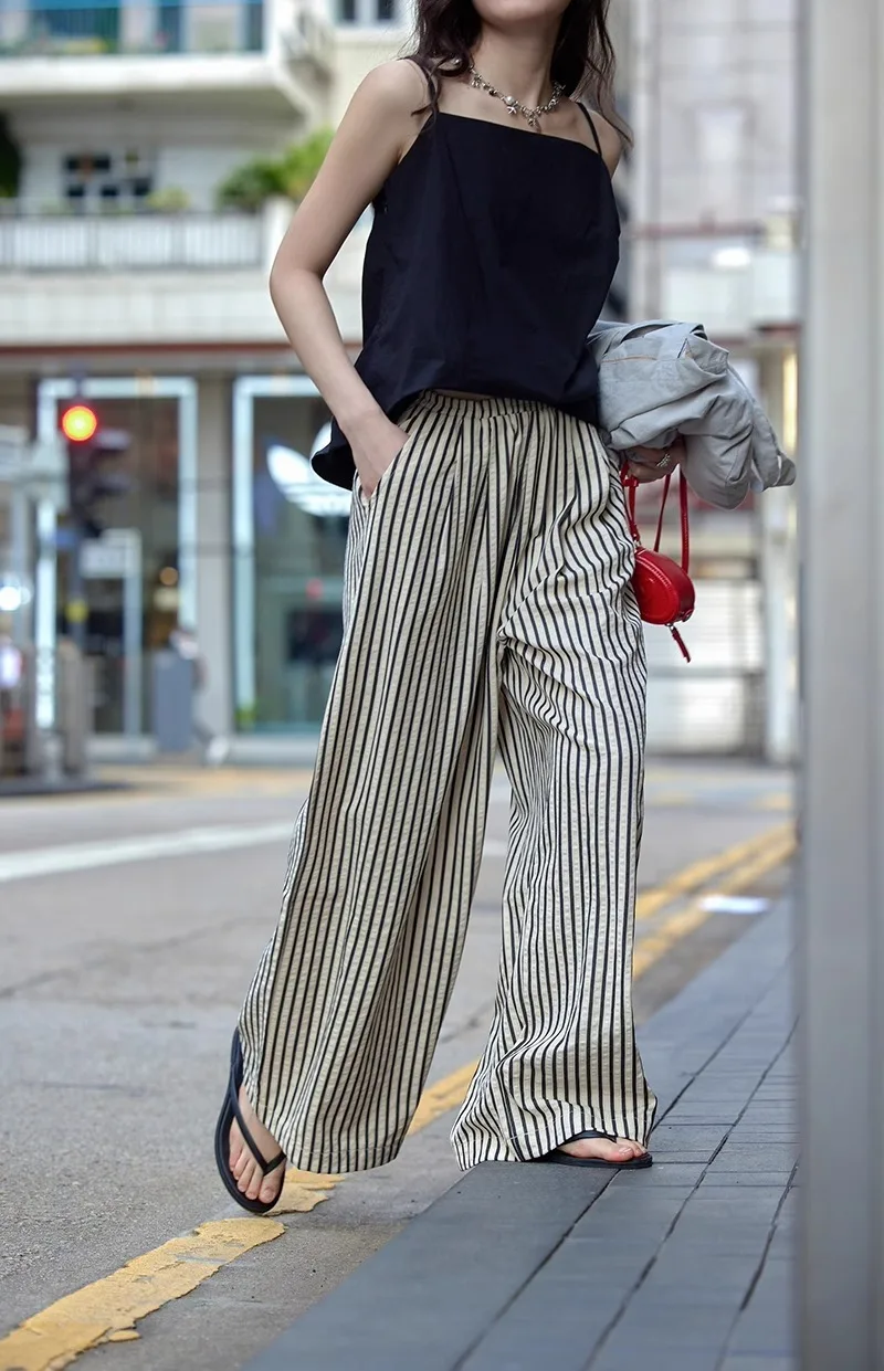 2025 Autumn New Cross border Women's Fashion Loose Striped Drawstring Elastic Waist and Floor Pants from Europe and America