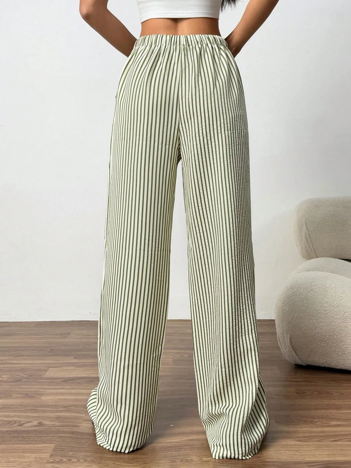 2025 Autumn New Cross border Women's Fashion Loose Striped Drawstring Elastic Waist and Floor Pants from Europe and America