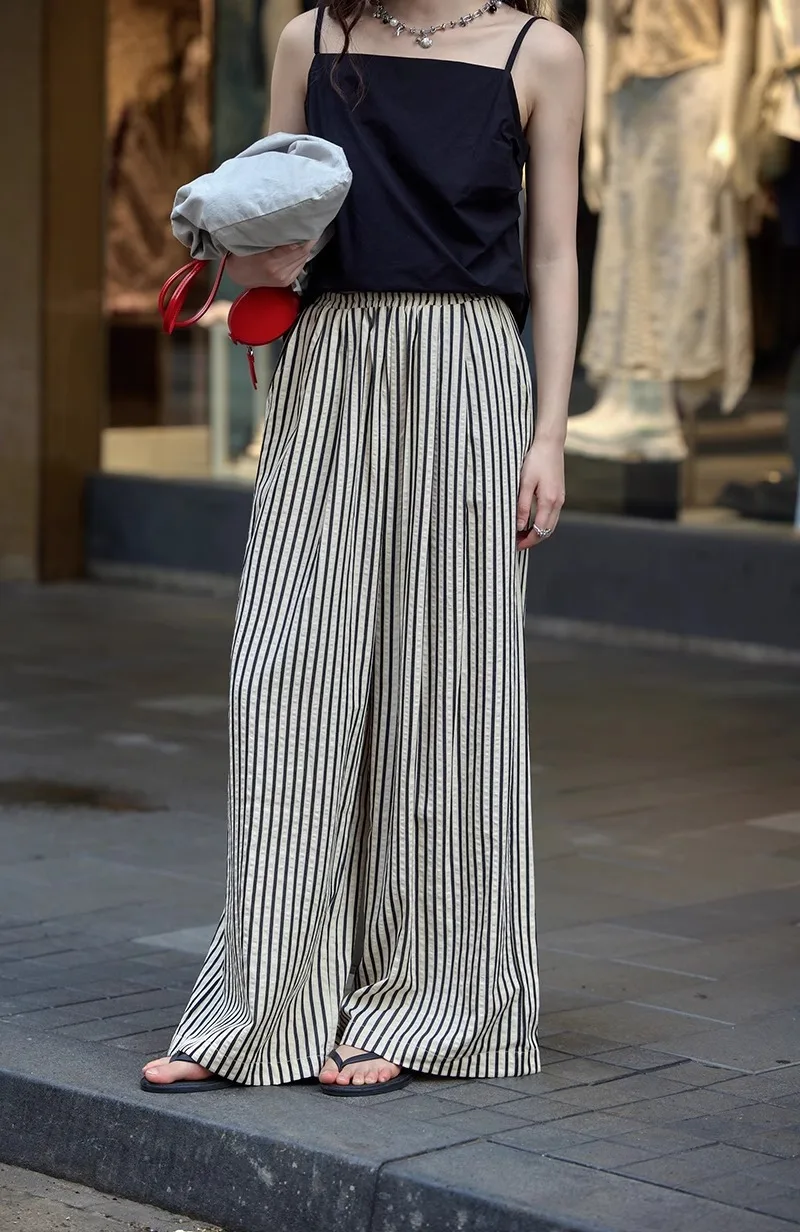 2025 Autumn New Cross border Women's Fashion Loose Striped Drawstring Elastic Waist and Floor Pants from Europe and America