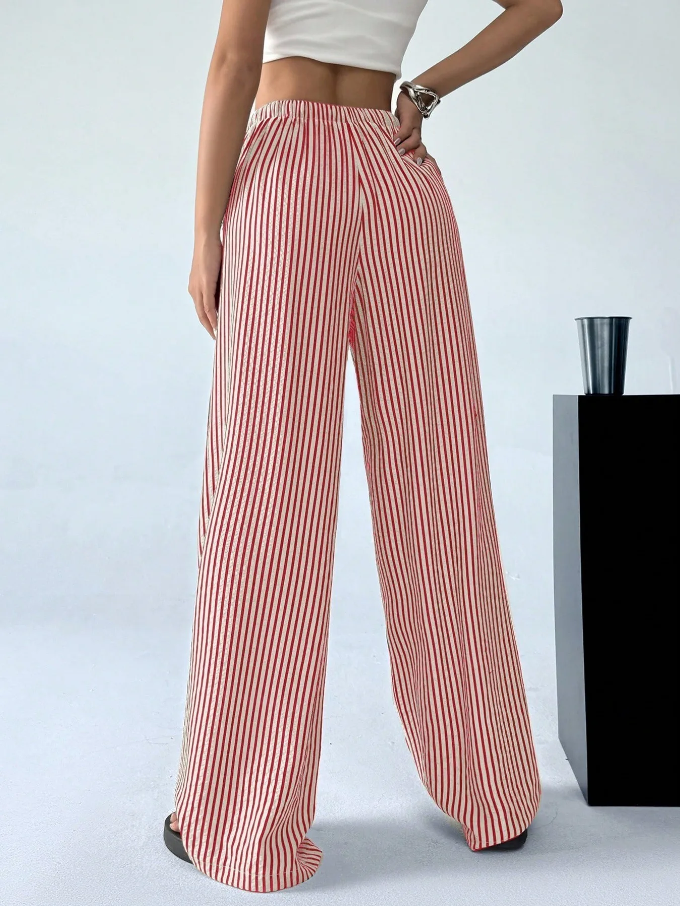2025 Autumn New Cross border Women's Fashion Loose Striped Drawstring Elastic Waist and Floor Pants from Europe and America