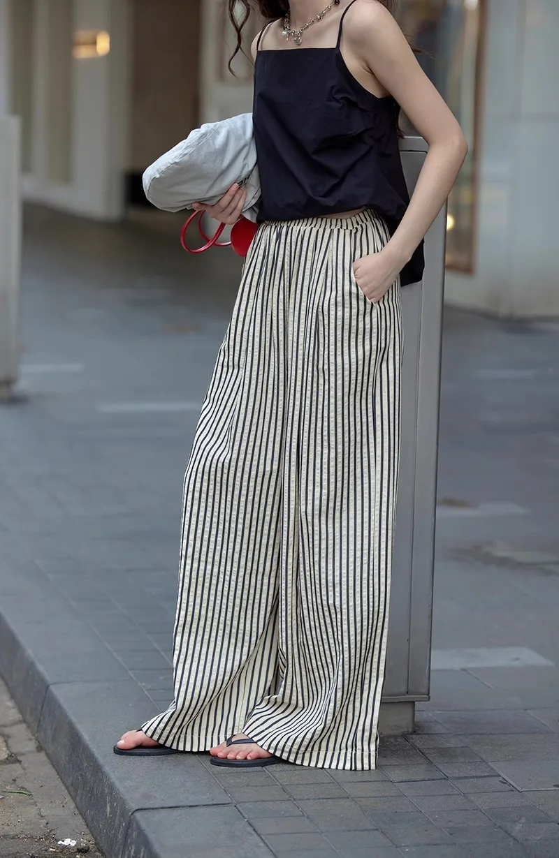 2025 Autumn New Cross border Women's Fashion Loose Striped Drawstring Elastic Waist and Floor Pants from Europe and America