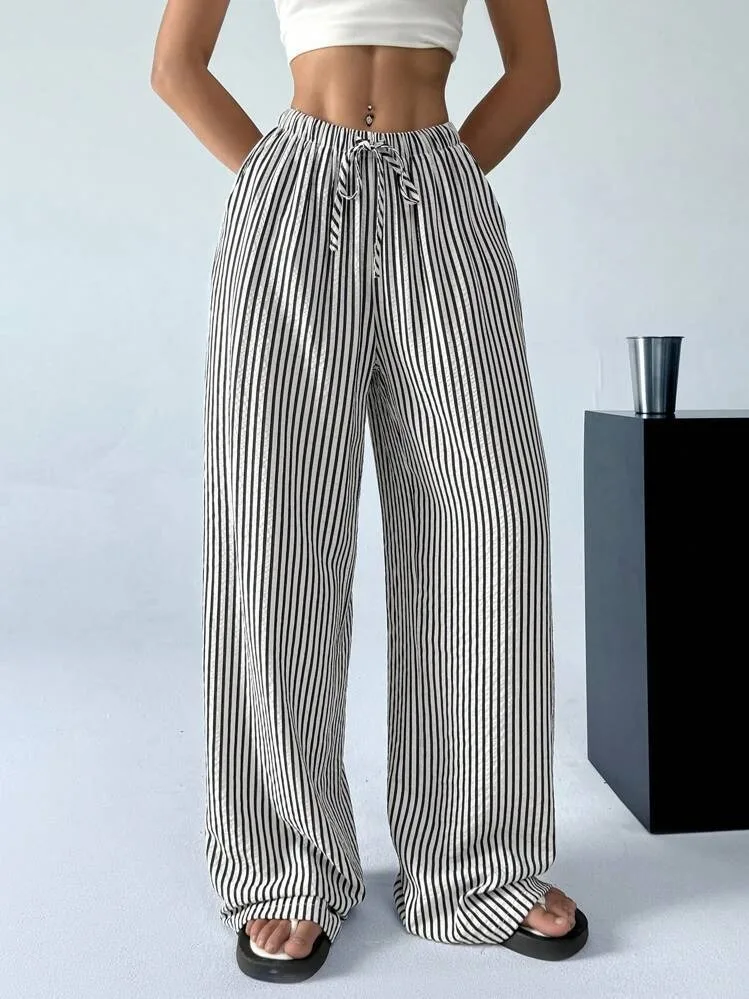 2025 Autumn New Cross border Women's Fashion Loose Striped Drawstring Elastic Waist and Floor Pants from Europe and America