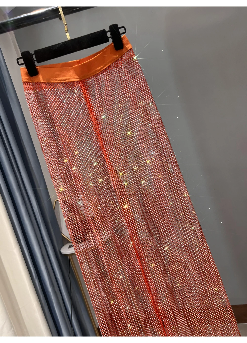 Sexy Colorful Diamonds Beaded Mesh Hollow Wide Legs Pants Fishing Net Rhinestones Trousers Sparkling Elastic Waist Pantalones